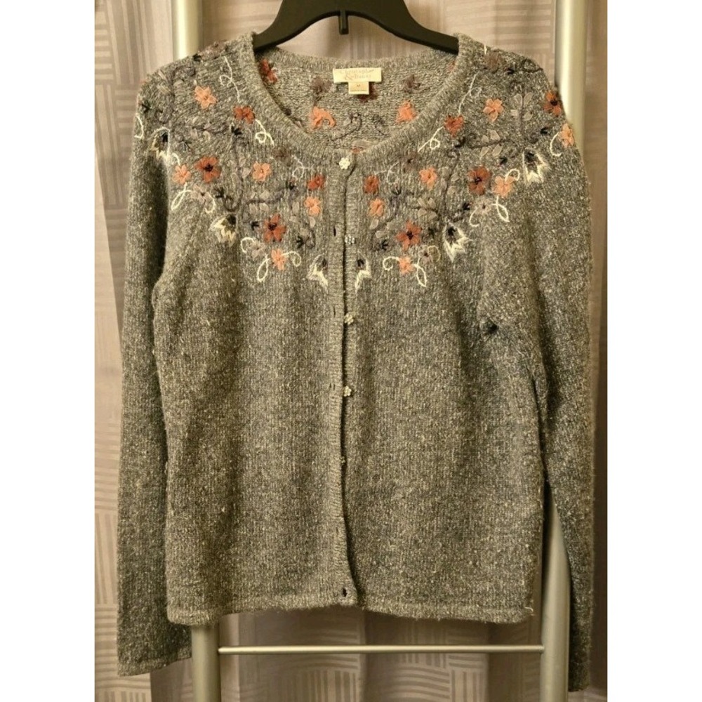 CHRISTOPHER & BANKS Gray Silk Angora Floral Embellished Cardigan Sweater Medium